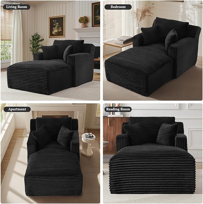 VEPXXP 65.4" Chaise Lounge Chair Indoor, Oversized Boneless Couch Comfy Upholstered Sleeper Sofa Bed with 3 Pillows, Corduroy Cloud Reading Chair for Living Room No Assembly Required, Black