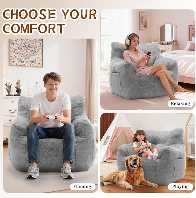 Bean Bag Chair for Adults and Kids, Small Comfy Beanbag Lounge Floor Sofa Reading Chair with Armrests, Mini Cloud Sofa for Living Room, Bedroom and Game Rooms, Plush Chair with Memory Foam