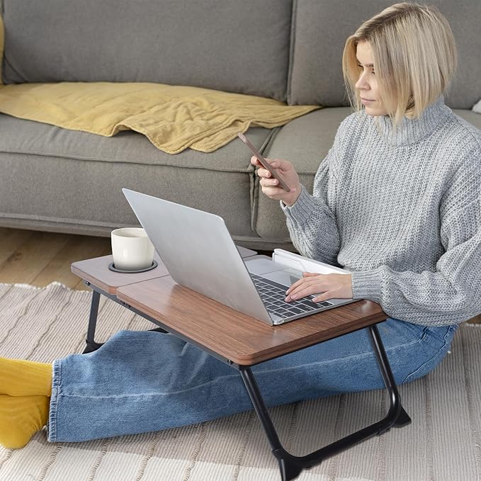 Adjustable Lap Desk for Bed - Portable Laptop Tray Table with Foldable Legs, Phone Slot & Cup Holder - Lightweight & Sturdy Breakfast, Work, Study Table for Sofa, Couch, Floor