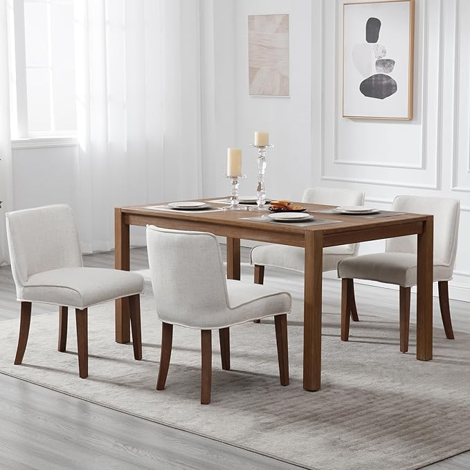 chairus Farmhouse Dining Chairs Set of 6, Upholstered Comfy Dining Room Chairs Linen Fabric Walnut Brown Wood Kitchen Chairs for Dining Table, Living Room, Kitchen, White