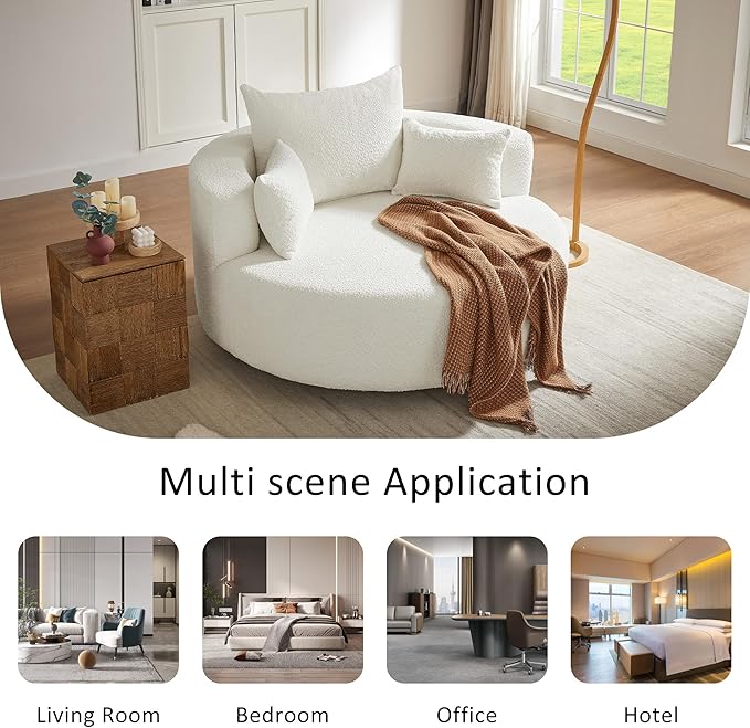 Merax 360° Swivel Chair, Chenille Fabric Accent Barrel Chair, Swivel Round Sofa Chair with 3 Removable Pillows for Living Room, Bedroom, Office and Hotel, Beige