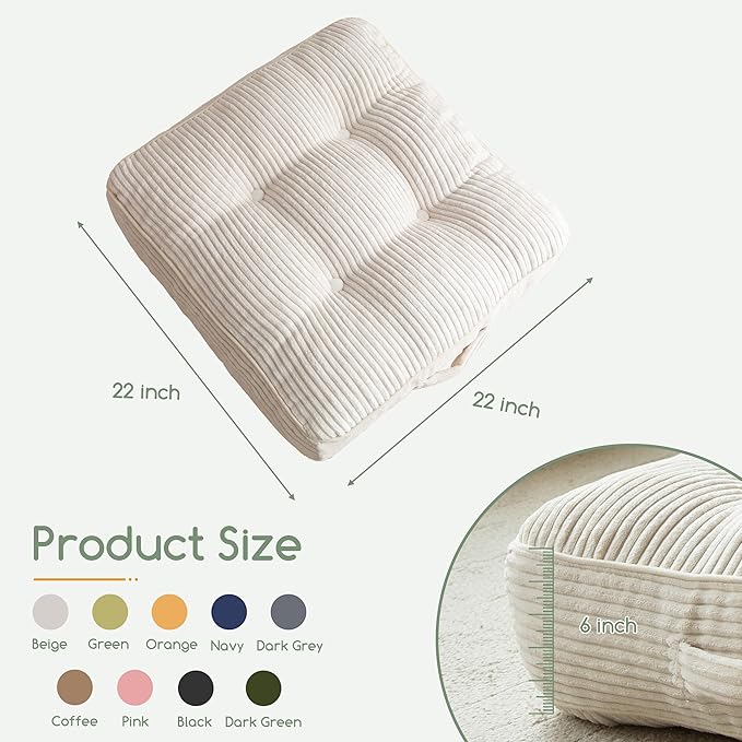 6" Washable Floor Pillow Cushion for Adults, Meditation Cushion Pillow, Large Square Floor Sitting, Removable Tufted Corduroy Cover, for Tatami Living Room or Yoga, 22x22 Inch, 2Pack, Machine Washable