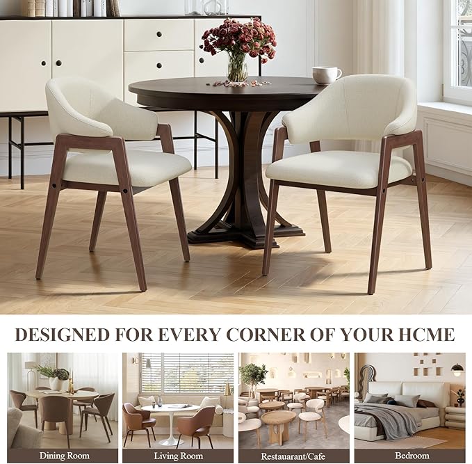 MALOL Wooden Dining Chairs Set of 2, Modern Fabric Upholstered Dining Room Chair, Kitchen Side Chairs, Farmhouse Dinner Chair with Curved Open Back for Kitchen, Beige