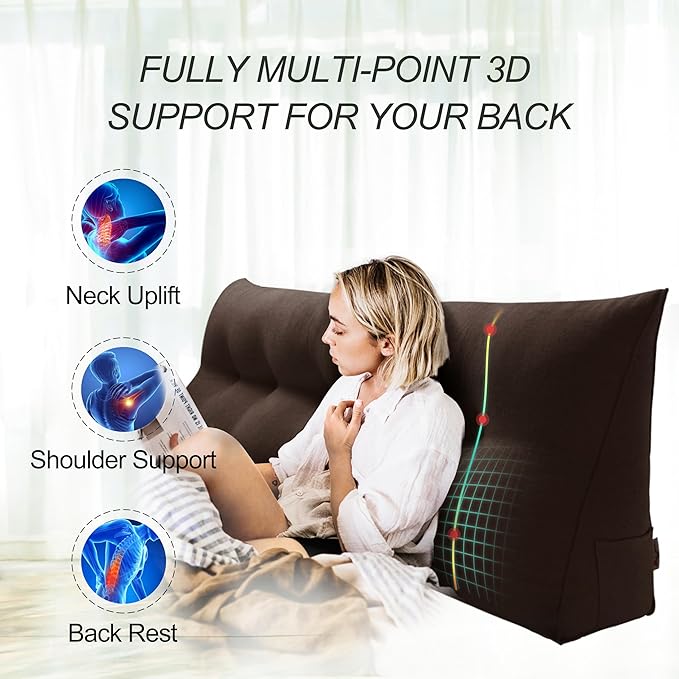 WOWMAX 80% Cotton & 20% Linen Blend Headboard Pillow – Full Size Reading Wedge Backrest for Bed, Handmade Firm Support Bolster Cushion with Removable Cover, Premium Bed Rest Pillow, Brown