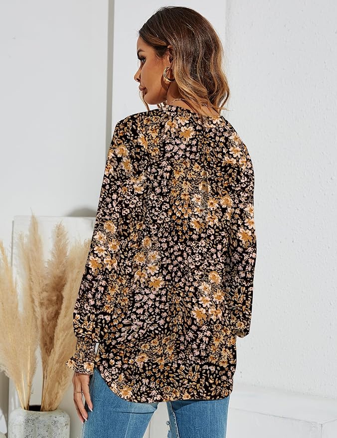 Romanstii Women's Casual V-Neck T-Shirts Loose Puff Long Sleeve Tops Tunic Blouses
