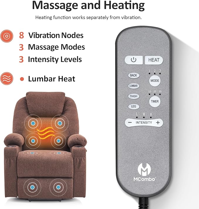 MCombo Small Power Lift Recliner Chair Sofa with Massage and Heat for Petite Elderly, 3 Positions and USB Ports, Extended Footrest, Fabric 7141 (Coffee)