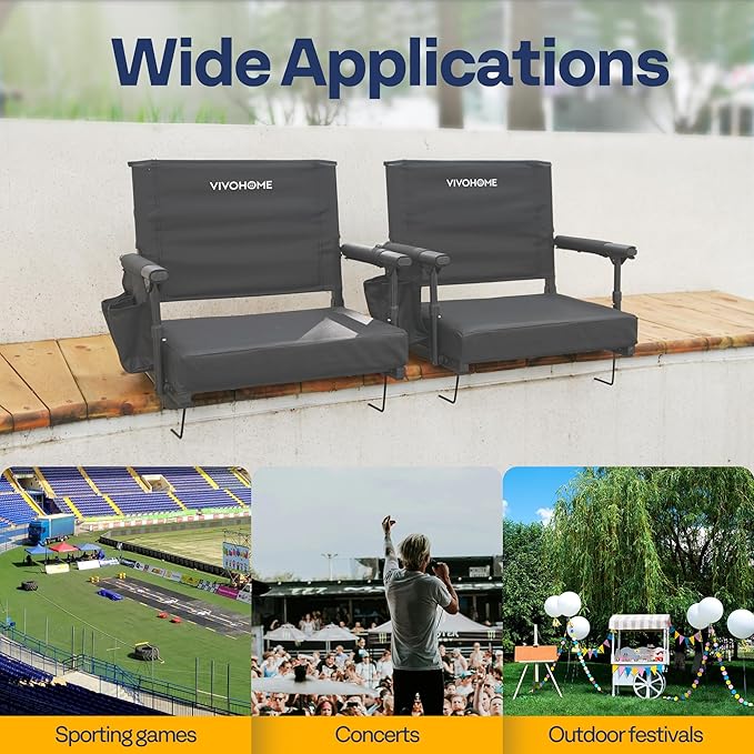 VIVOHOME Stadium Seats with Back Support and Cushion, 2 Pack Portable Bleacher Chairs with Cup Holder and Shoulder Strap
