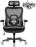 Big and Tall Office Chair 600lbs- Heavy Duty Executive Computer Chair with Rubber Wheels 3D Flip Arms, Ergonomic Mesh High Back Desk Chair, Extra Wide Seat Adjustable Lumbar Support & Headrest