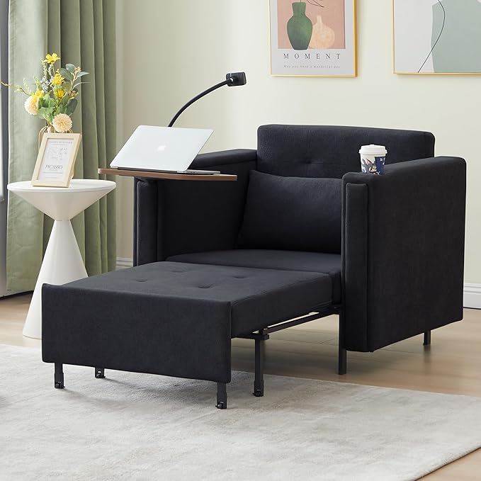 ORRD Pull Out Sofa Chair Bed, 2-in-1 Multi-Functional Sleeper Couch Small Loveseat Bed with Hidden Side Table, Phone Holder and Cup Holder for Living Room, Small Space, Apartment (Black)
