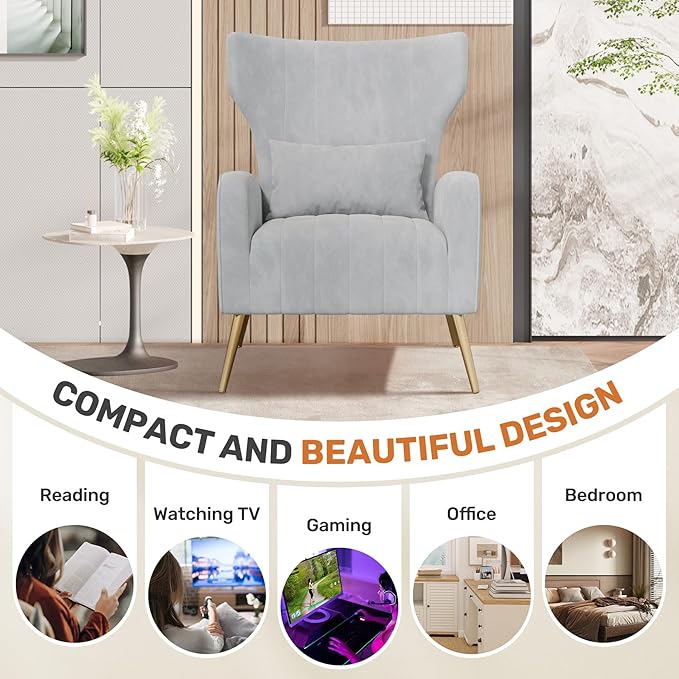 Nalupatio Modern Accent Chairs for Set of 2 Upholstered Velvet Fabric Reading Chair Mid Century Arm Chair Comfy Armchair for Living Room,Light Gray