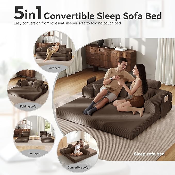 ZQRhome 2026 Upgrade Convertible Sofa Bed, 79 Inch Boneless Couch with Fixed-Shape Frame, Corduroy Fabric with High Backrest, Floor Sofa Modular Futon Couch for Living Room Bedroom Lounge (Brown)