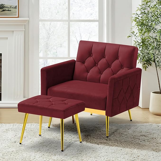 ACMEASE Velvet Accent Chair w/Adjustable Armrests and Backrests, Tufted Single Sofa with Ottoman, Upholstered Reading Chiar for Living Room, Apartment, Bedroom, Red