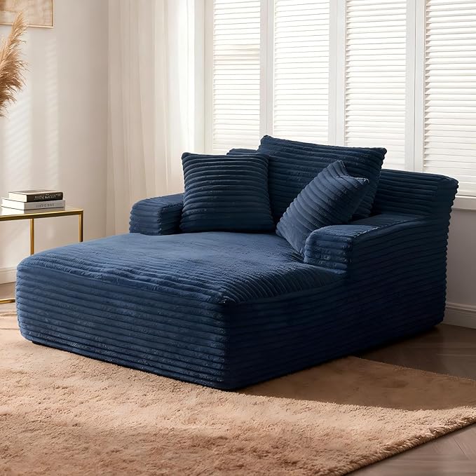VEPXXP 66" Chaise Lounge Chair Indoor, Oversized Boneless Couch Comfy Upholstered Sleeper Sofa Bed with 3 Pillows, Corduroy Cloud Reading Chair for Living Room No Assembly Required, Blue