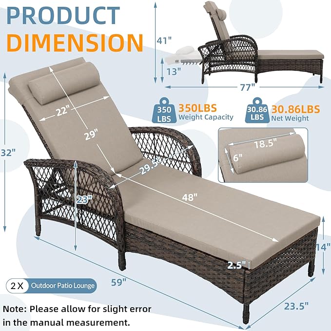 WINGTU Outdoor Chaise Lounge Chair Set of 2, PE Wicker Recliner Patio Reclining Sunbathing Chair with Cushion, 6-Position Patio Lounge Chair with Adjustable High Backrest, Armrest & Pillow, Beige