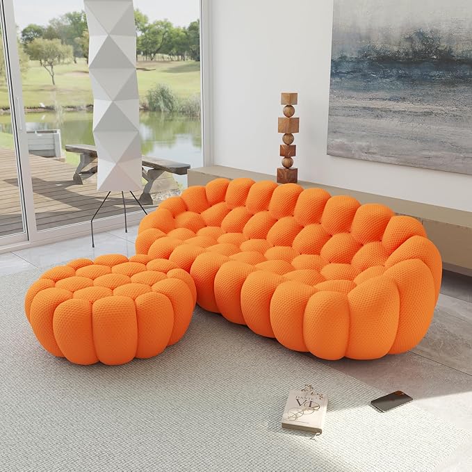 JACH Bubble Sofa with Ottoman, Curved Couch, Comfy Upholstered Sofa, Mesh Fabric 3D Honeycomb Shape Modern Couch for Living Room, Office, Apartment, Small Space (Orange)