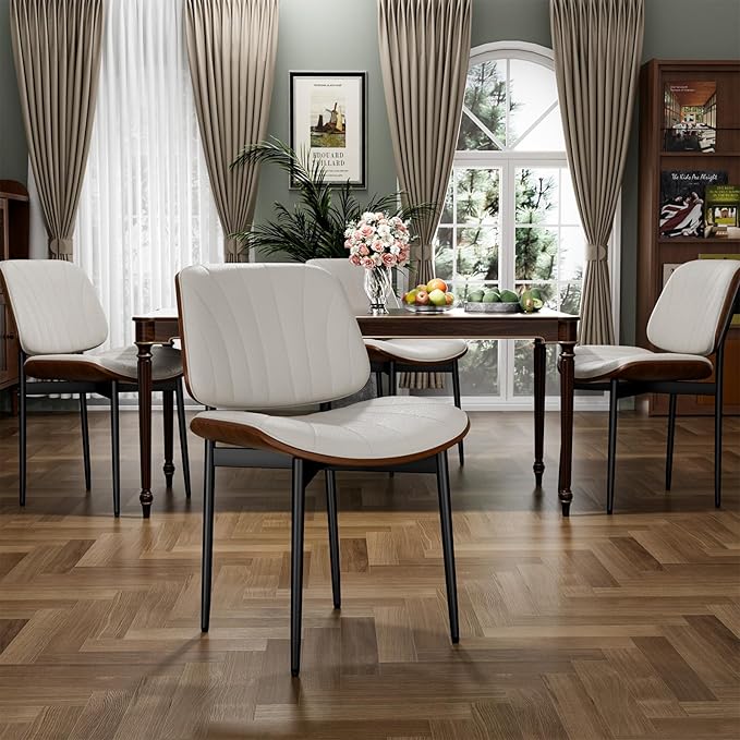 YaFiti Dining Chairs Set of 2, Dining Room and Kitchen Chairs, Mid Century Modern Accent Chair, Upholstered PU Leather Chairs for Vanity with Walnut Bentwood and Metal Legs, Beige