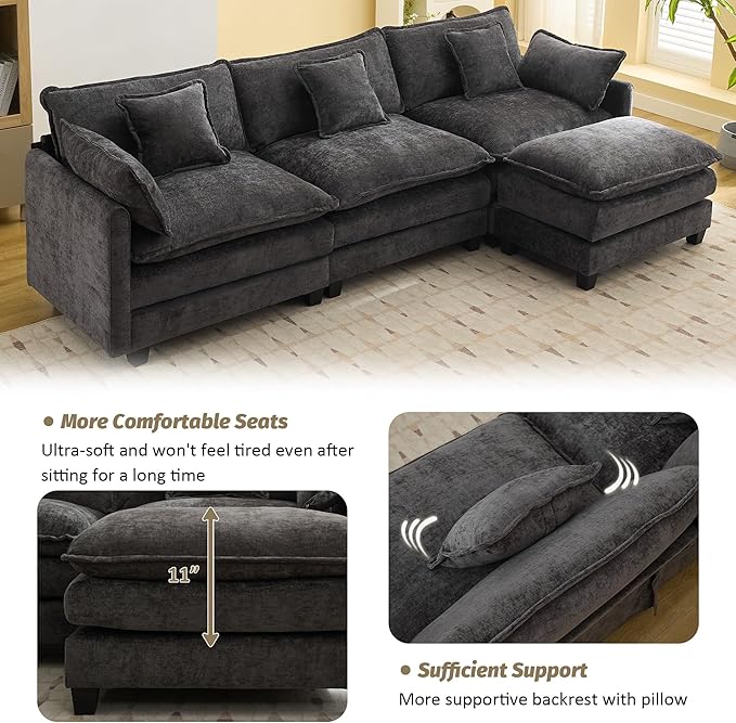111'' Sectional Cloud Deep Seat Couch, Modern Comfy Chenille L Shaped Sectional Sofa for Living Room Set, Upholstered Modular 4-Seats Sofa Couch with Movable Ottoman, Dark Grey