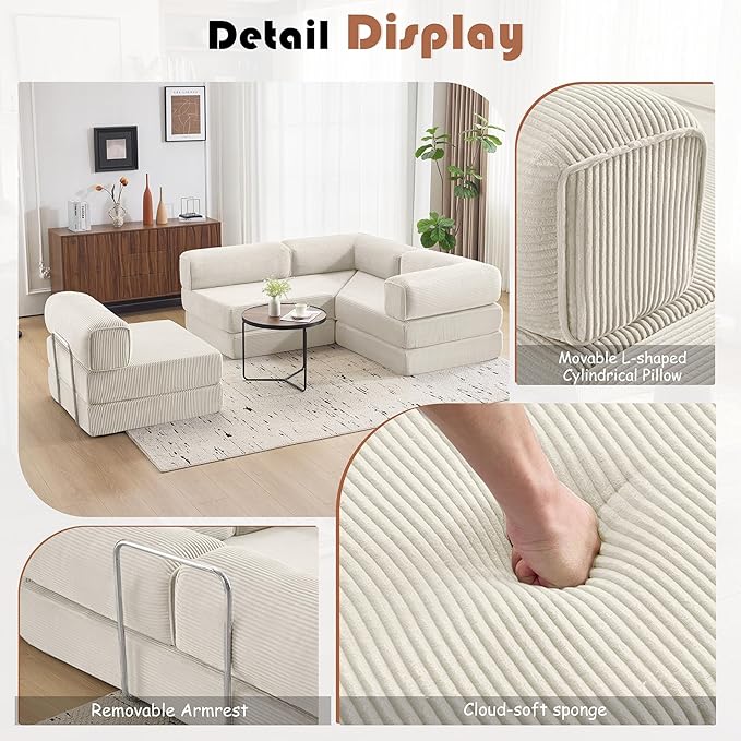 Modular Convertible Sofa Bed 106" L-Shaped with Reversible Chaise, Corduroy Floor Sleeper Boneless Couch, Folding Futon for Living Room, Apartment, Small Spaces, No Assembly Required, Beige