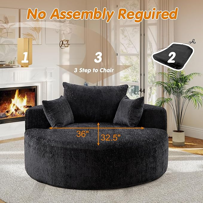 55"W Oversized Round Chair Lounge Chaise Indoor, Upholstered Comfy Circle Sofa Armchair, Modern Cozy Boneless Foam Floor Reading Chair for Living Room, Bedroom, No Assembly Required(Chenille, Black)
