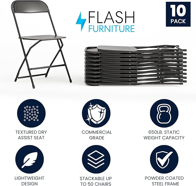 Flash Furniture Hercules Set of 10 Indoor/Outdoor Heavy-Duty Plastic Folding Chairs, Foldable Commercial Stacking Chairs with 650-lb. Static Weight Capacity, Black