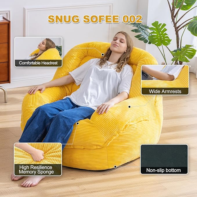 Giant Bean Bag Chair with Armrests - Oversized Cozy Seating for Adults, Corduroy Fabric & High-Resilience Foam Filling, Ideal Lounge for Living Room, Bedroom & Gaming Room (Corn Yellow)