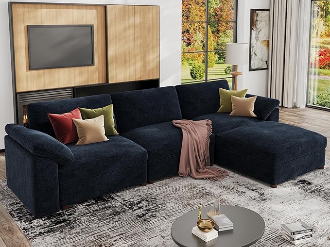 EASE MOOSE Sectional Modular Sofa, Oversized L Shape Sectional Couch Wide Deep seat Sectional Sofa,FSC Certified Comfortable Chenille Blue Modular Sofa
