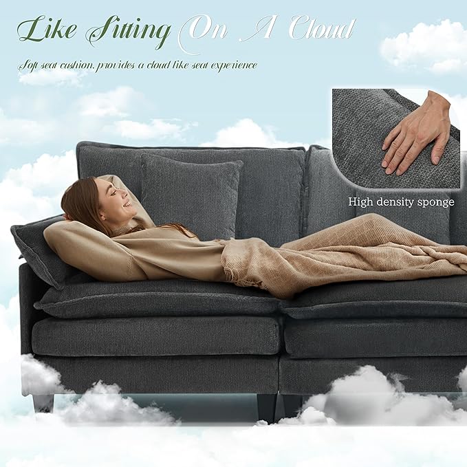 Comfy Cloud Couch with Movable Ottoman, Modular Sectional Sofa, 106" L Shaped Modern Sofa with Pillows, Deep Seat Couches for Living Room, Bedroom and Apartment, Grey