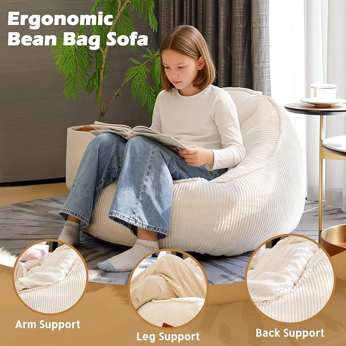 Bean Bag Chair, Cozy Fluffy Beanbag Chairs with Filler for Teens and Kids, Floor Lazy Sofa for Living Room, Gaming & Reading（M-White）