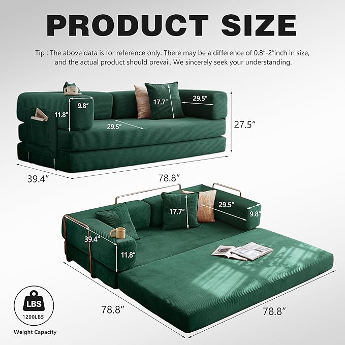LIAROO 78.8" Convertible Sofa Bed -Compression Sofa with Corduroy Fabric - with Armrests and Backrest - Modular Sectional for Living Room, Bedroom, Studio - Compression Sofa in Box (Emerald Green)