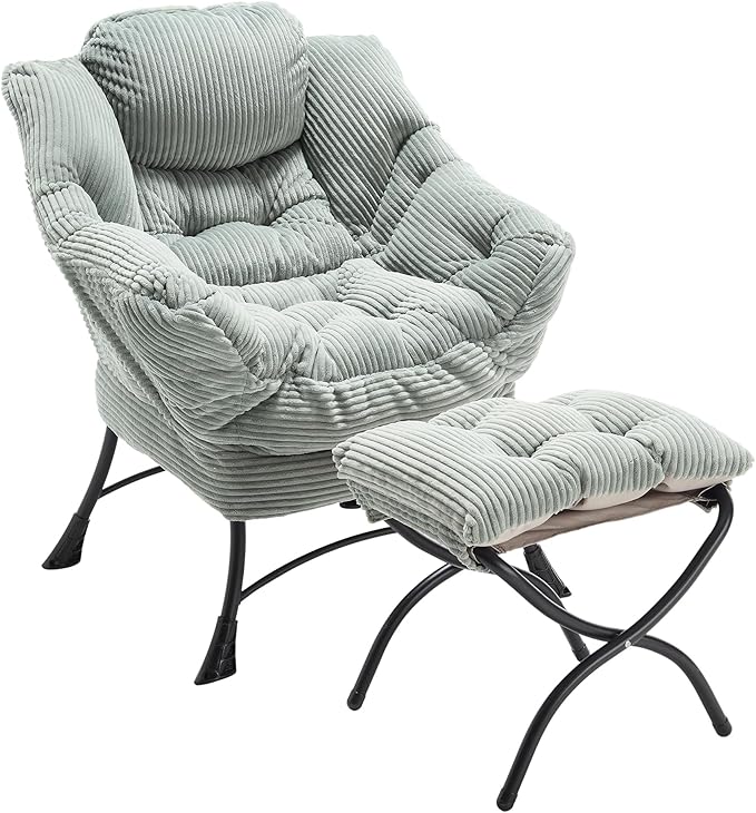KEIKI Accent Chair with Storage & Ottoman, Flannelette Reading Corner Lazy Chairs w/Steel Frame, Comfy Lounge Arm Chair W/Footrest, Leisure Sofa Armchair for Living Room, Easy Assembly, Light Green