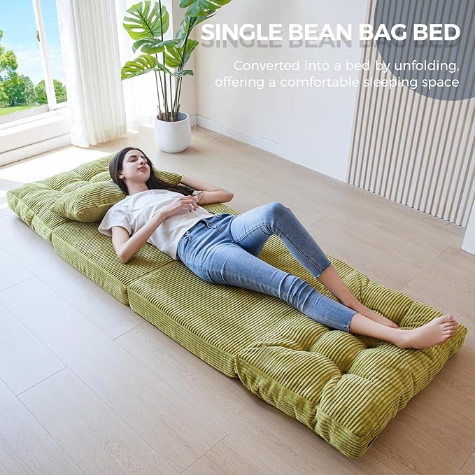 MAXYOYO Bean Bag Bed Tufted Folding Sofa Bed with Pillows Floor Mattress for Adults, Extra Thick and Long Floor Sofa, Single Couch for Bedroom Living Room, Green, 30x91 Inch