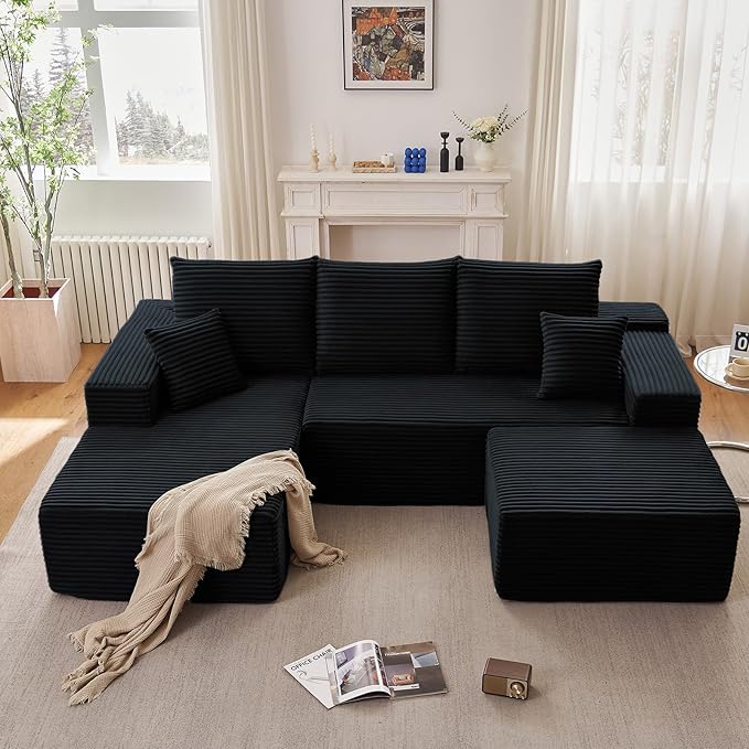 107" W Cloud Sectional Couch with Ottoman,Modern U-Shaped Cloud Couch with Deep Seat,Comfy Corduroy 3-Seater Sofa,Memory Foam Sofa for Living Room,No Assembly (Black,Left-Facing Chaise)