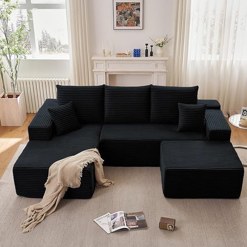 107" W Cloud Sectional Couch with Ottoman,Modern U-Shaped Cloud Couch with Deep Seat,Comfy Corduroy 3-Seater Sofa,Memory Foam Sofa for Living Room,No Assembly (Black,Left-Facing Chaise)