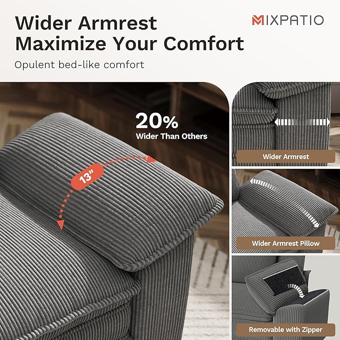 MIXPATIO 123-Inch L Shaped Sectional Sofa with Cloud Cushions, Deep Seat Modular Couch Set w/ 4 Seats & 1 Ottomans, Removable Arms, Plush Corduroy Upholstery for Living Room, Apartment - Gray