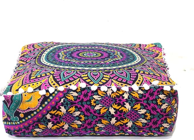 CRAFT KALA Large Hippie Mandala Meditation Floor Ottoman Pillow Cushion Pouf Cover Square Poufs Bohemian Circle Floor Cushion Case Outdoor Fireplace Yoga Living Room Decor Cover New Pink, 16" Square