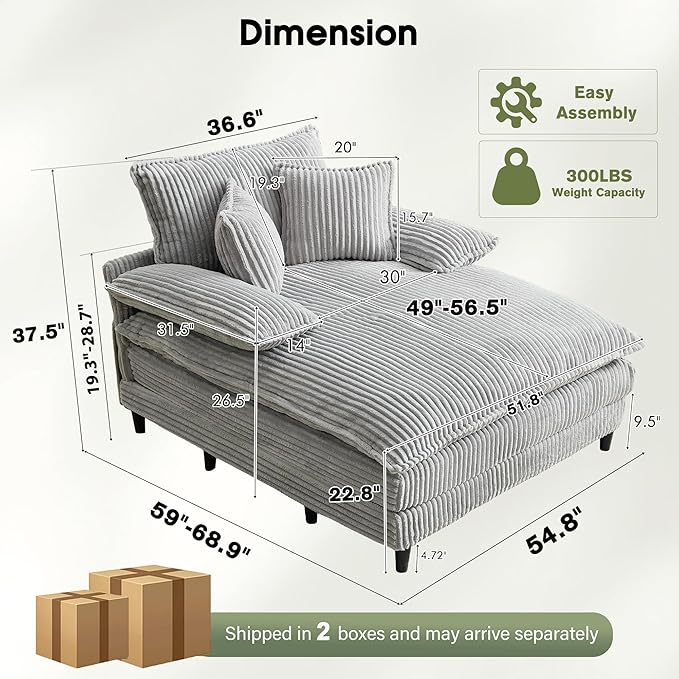 54.8" W Oversized Chaise Lounge Chair Indoor with 5-Position Adjustable Backrest, Corduroy Sleeper Sofa Bed with 3 Pillows, Modern Cloud Couch Chair for Living Room, Bedroom, Grey
