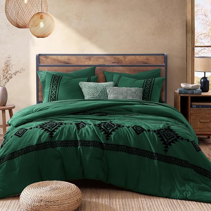 MaiRêve Embroidery Comforter Set, Boho Farmhouse Western Bedding Set, All Season Bed in A Bag Comforter Set with Sheets, Pillowcases & Shams, Emerald Green King 7 Pieces