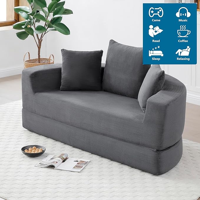 67" Round Convertible Folding Sofa Bed, Boneless Couch Loveseat, Floor Sleeper Chaise Lounge for Living Room, Apartment, Dorm, Small Spaces, Gray