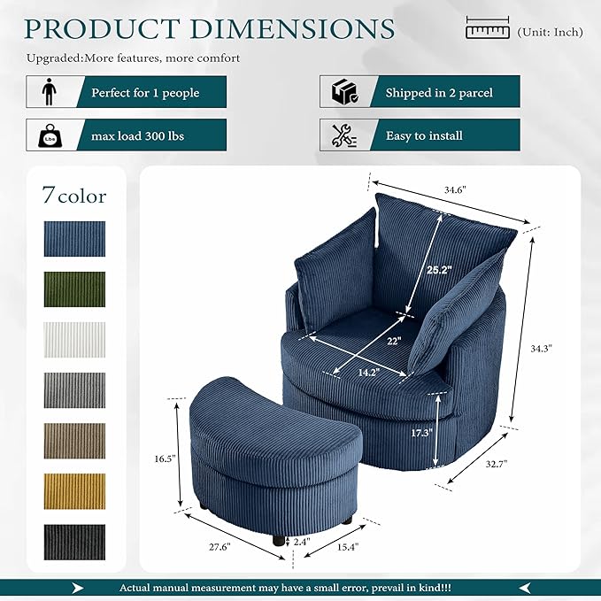 Chorlenimi Swivel Accent Chair Round Barrel Armchair Upholstered Living Room Chair Corduroy Reading Chair Single Sofa Chair for Bedroom Apartment Office (Blue, Upgrade 1Seater+ Ottoman)