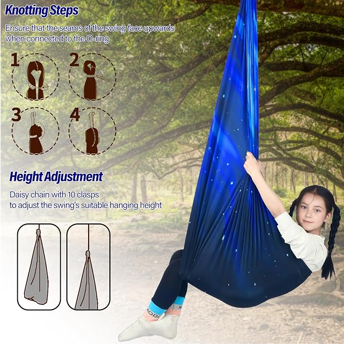 Sensory Swing for Kids Holds up to 300lbs Indoor & Outdoor Therapy Cuddle Swing with Hammock Hooks Hanger Kit for Calming, Effect for Autism, ADHD or SPD. (Space Blue)