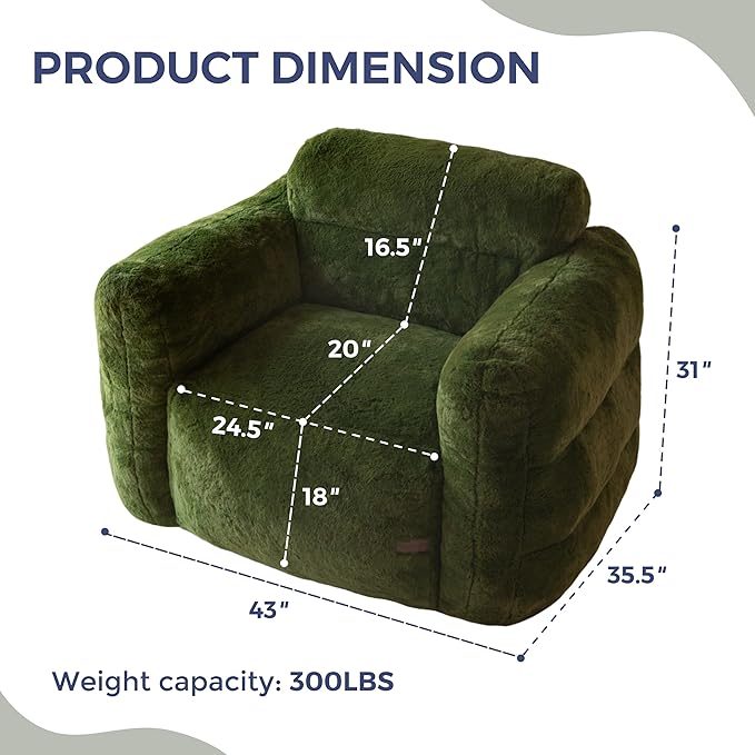 MAXYOYO Giant Bean Bag Chair for Adults, Ultra Soft Fluffy Bean Bag Sofa, Oversized Floor Sofa for Living Room Bedroom, Cozy Reading Chair with Filler, Green