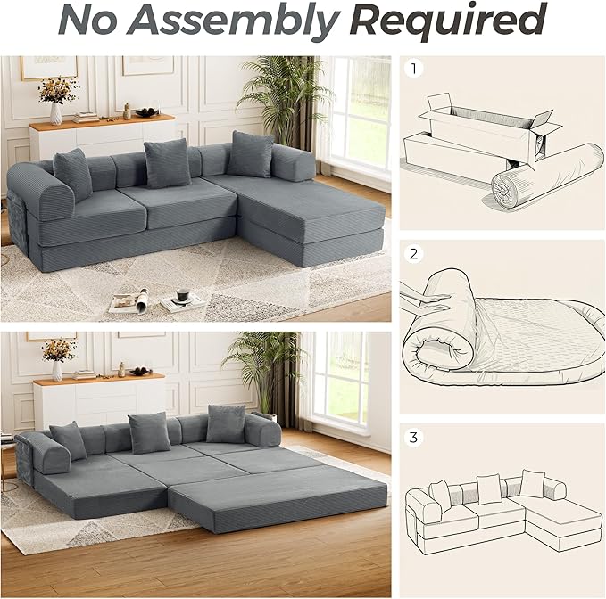 106.3" Oversized Convertible Sleeper Sofa Bed, L Shape Modular Sectional Cloud Sofa with Fixed-Shape Frame, Boneless Couch with Storage Pocket for Living Room, No Assembly Required, Dark Gray