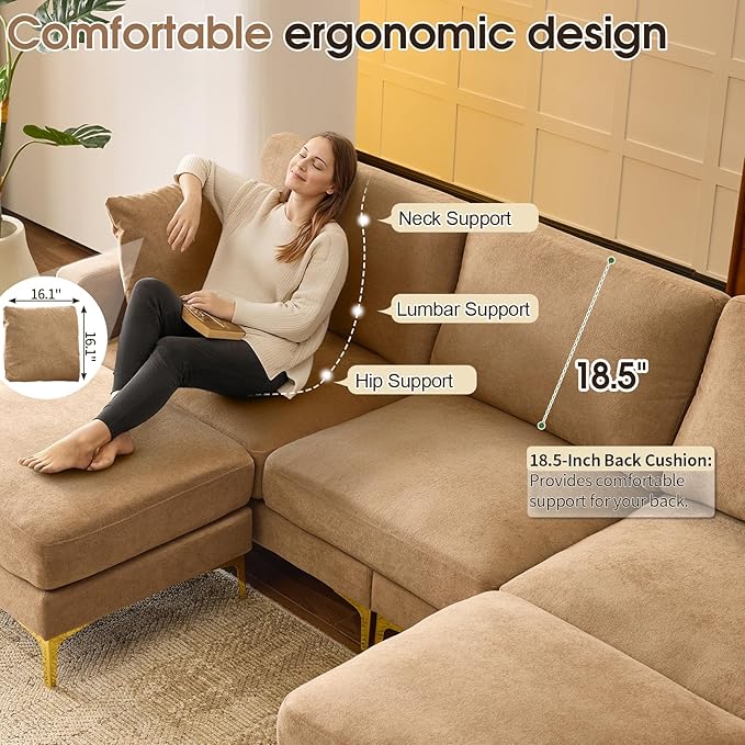 VINGLI 100" W U Shaped Couch with Ottoman, 22" Deep Seat Comfortable Sectional Couches for Living Room, 3 Seater Chenille Fabric Cloud Sofa for Apartment, Small Spaces, Bedroom, Khaki