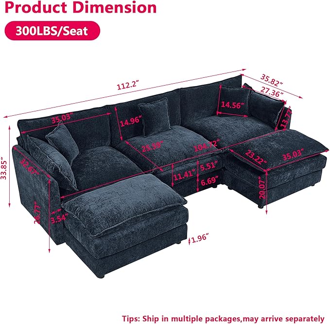 Aoowow Modular Sectional Sofa Modern Convertible U Shaped Couch,112.2 Inch Deep 3-Seater Sofas Set Comfy Chenille Cloud Sofas and Couches with Movable Ottoman for Living Room Apartment（Blue）