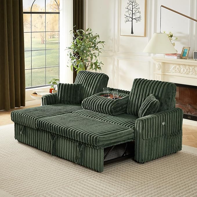 Sleeper Sofa Bed, 81” Pull Out Couch Bed with Reversible Storage Chaise, 3 in 1 L-Shaped Couch with Charging Station, Cup Holder, Side Pocket, Plush Corduroy Couches for Living Room(Green)