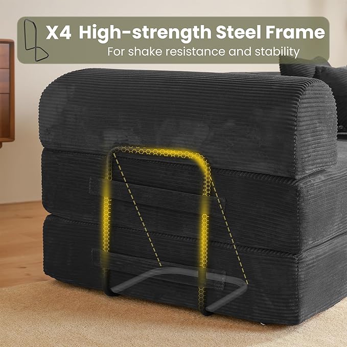79" Convertible Sofa Bed, Boneless Corduroy Sleeper Foldable Modular Couch, Memory Foam Compressed Sofa in A Box, Folding Mattress Floor Couch for Small Space Living Room Apartment Bedroom, Black