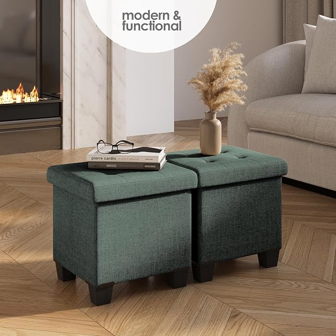 Storage Ottoman Cube with Small Bin, 16-in Square Ottoman with Storage for Living Room and Bedroom, Small Ottomans Foot Rest, Fabric Foot Stools Ottomans Max 330lbs, Green