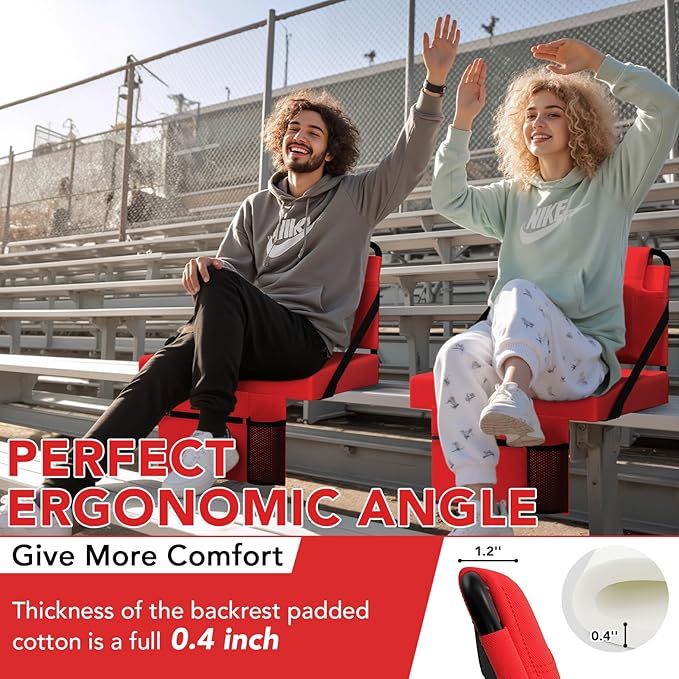 Stadium Seat 2 Pack for Bleachers with Back Support,Portable Bleacher Chairs with Back and Cushion，Red