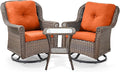 ACTREST 3 Piece Patio Swivel Chairs and Side Table Set - High Back Outdoor Brown Wicker Rattan Rocking Glider with Thick Cushions for Porch Apartment Deck Yard Poolside Garden - Orange