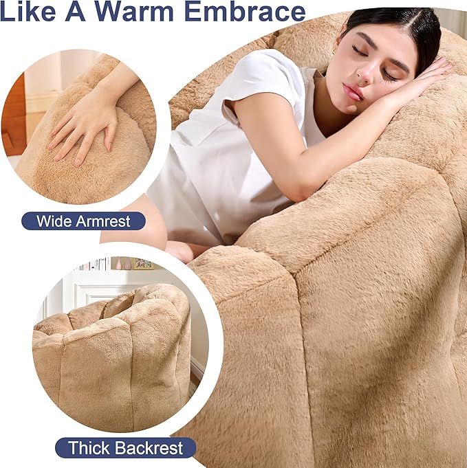 Pumpkin Shaped Bean Bag Chair with Ottoman, Gaint Bean Bag Chair for Adults, Faux Rabbit Fur Comfy BeanBag Floor Sofa Chair for Reading, Playing, Relaxing, Khaki